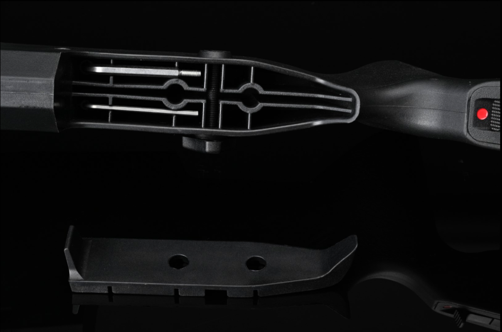 Inside glimpse of the rifle's stock sans the cheek piece, revealing a set of specialized tools—evidence of Silverback's commitment to user convenience and rifle maintenance