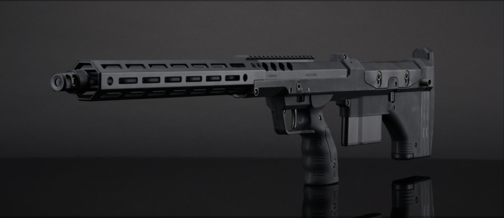 Unique perspective from the front angle capturing the meticulous construction of the left side of the Silverback SRS-A2 22” Sniper Rifle.