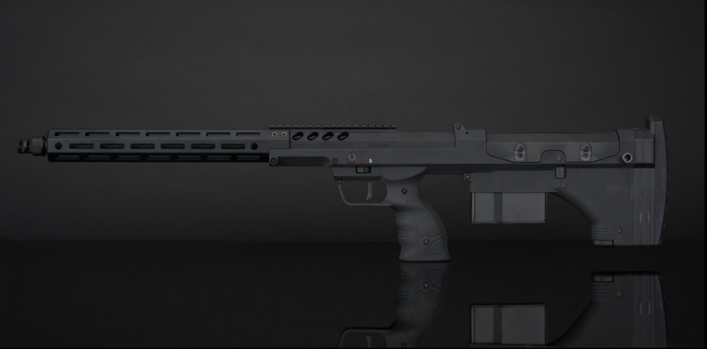 "Complete view of the rifle's left side, exhibiting the sleek magazine slot without the bolt mechanism, a signature of the SRS-A2 design.