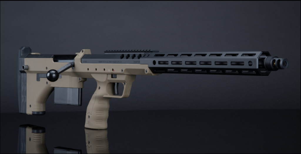 Dynamic angle showcasing the Sand-colored Silverback SRS-A2 sniper, exemplifying its adaptability to desert terrains.