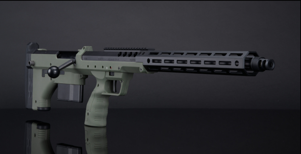 Angled capture of the Green Silverback SRS-A2, tailored for jungle terrains, showing off the bolt mechanism.