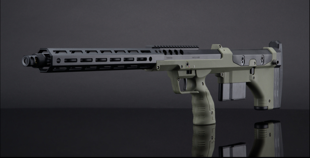 Vibrant left-sided image of the green rifle variant, devoid of the bolt, with its magazine slot prominently displayed.
