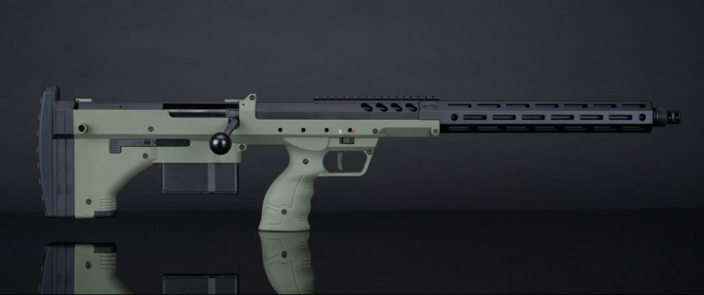 Full-length exhibition of the jungle green SRS-A2, a blend of power and elegance, displaying its bolt side