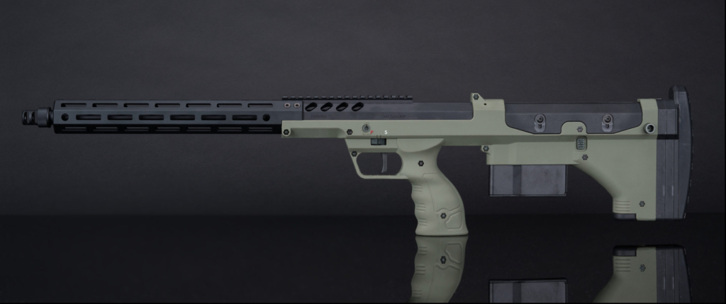 Complete left view of the sniper rifle, highlighting the non-bolted side, in a striking jungle green hue