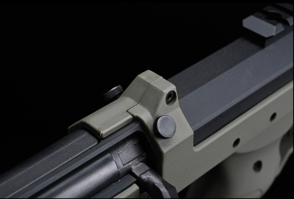 Close-up of the dual hop adjustment bolts, integral for shooting accuracy in the SRS-A2 sniper rifle.