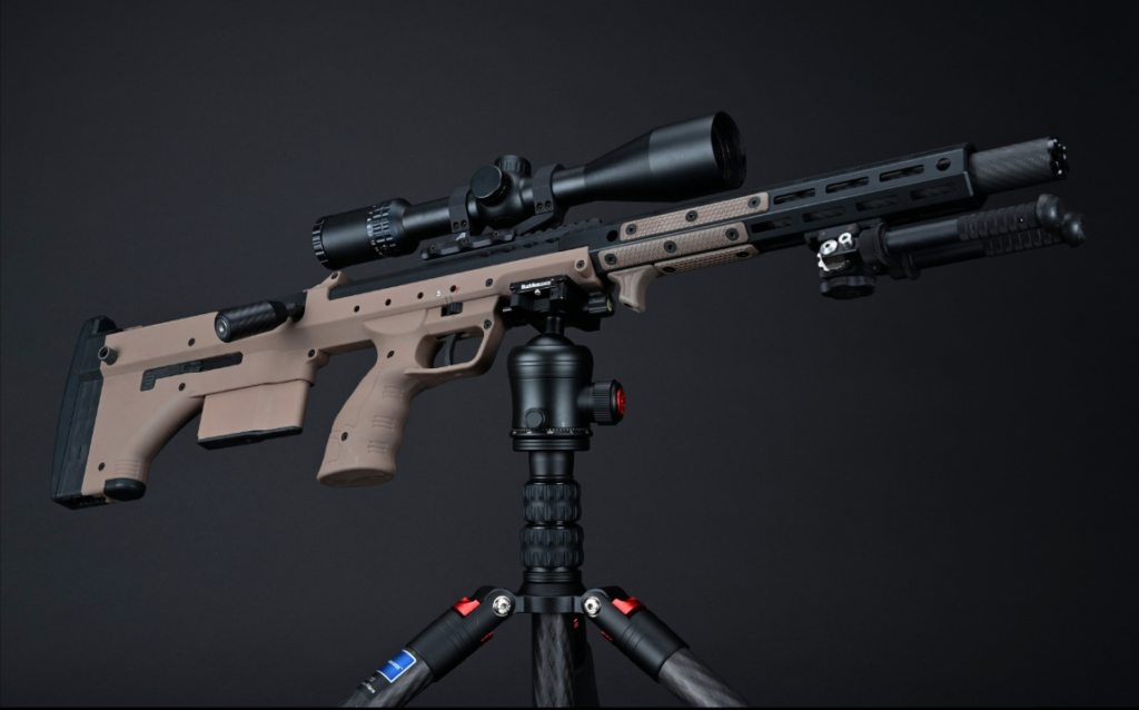 Silverback SRS-A2 confidently mounted on a tripod, utilizing its stainless-steel attachment point, ready for long-range targeting.