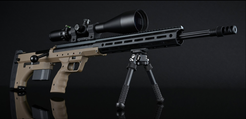 The SRS-A2 equipped with a bipod, attached to the grip tube, optimizing it for ground-level precision shots.