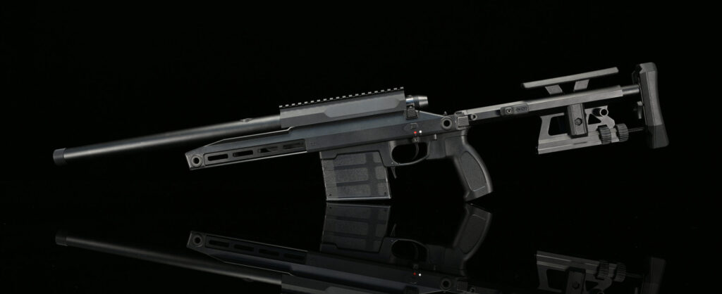 Side view of the Silverback Tac 41A airsoft rifle with detailed machined aluminium stock and extended barrel, showcased against a black background.