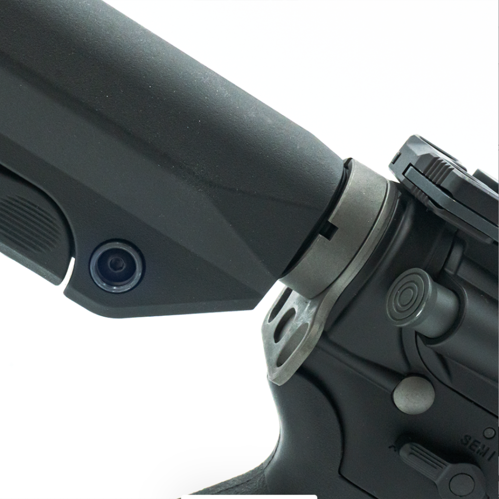 Close-up of the KWA LM4D LE's butt, highlighting its ergonomic structure.