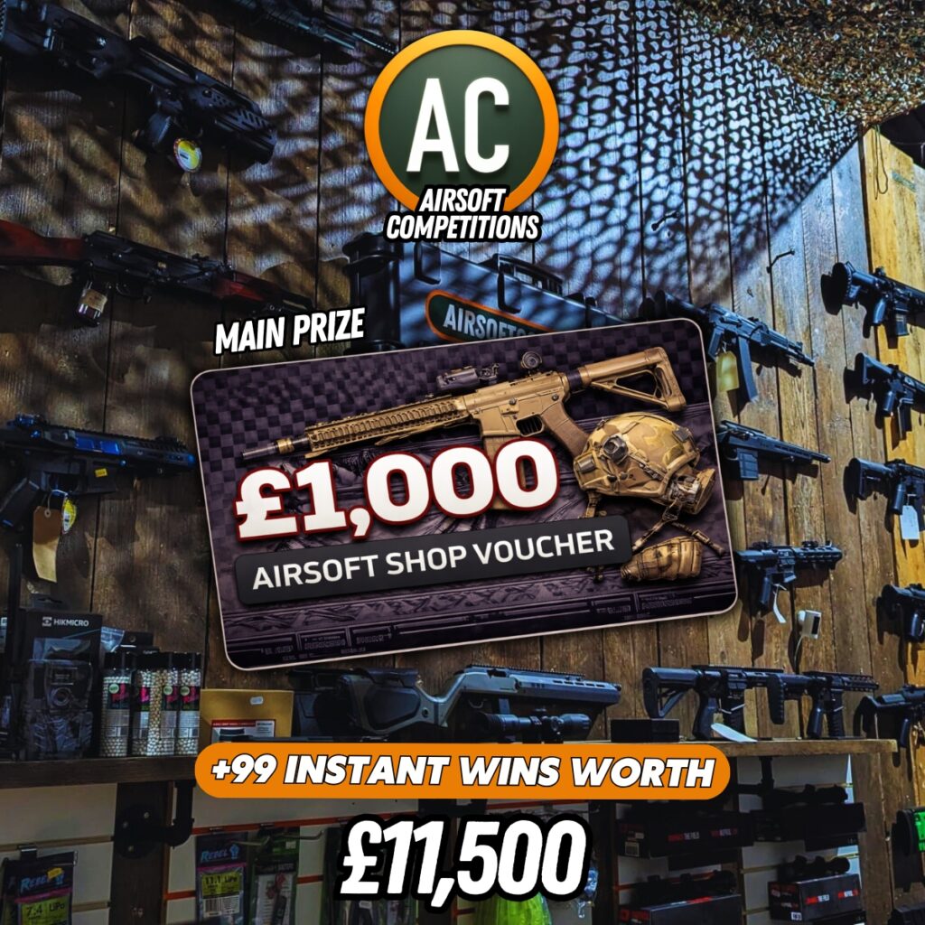 You Could Win a £1,000 Airsoft Shop Voucher in this 99 Instant Wins Airsoft competition limited to 12,500 tickets.